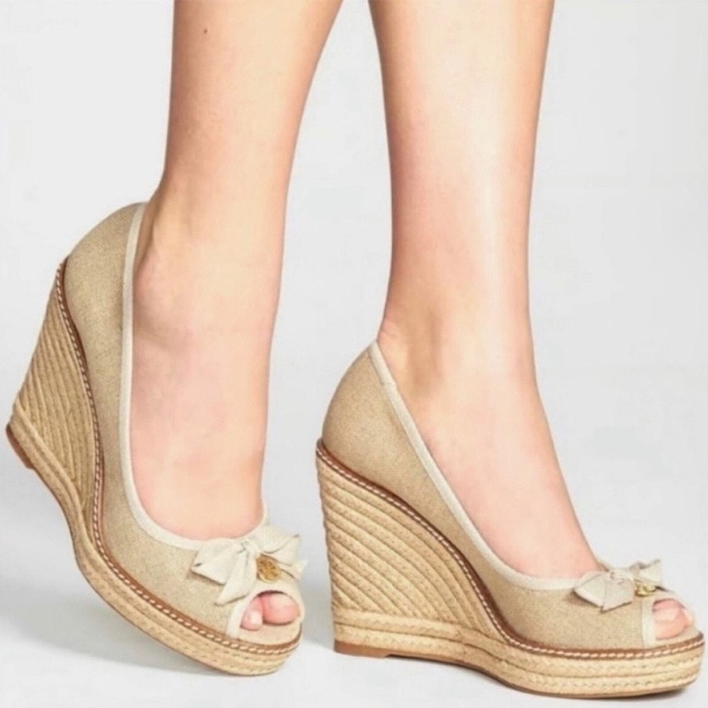 Tory Burch Jackie Wedge Espadrille Platform Peep Toe Tan Canvas Shoes size 8